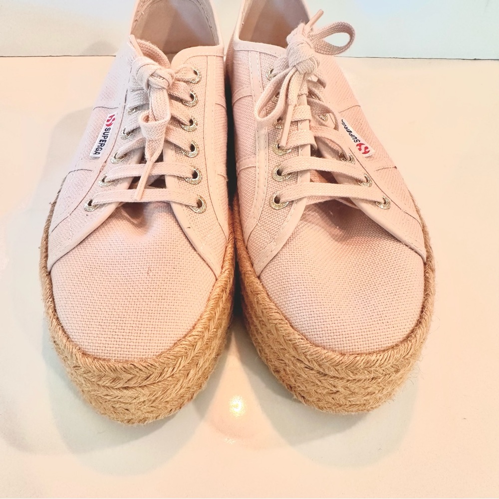 Superga Platform Sneakers in Light Pink with Natural Espadrille Sole - Picture 2 of 12
